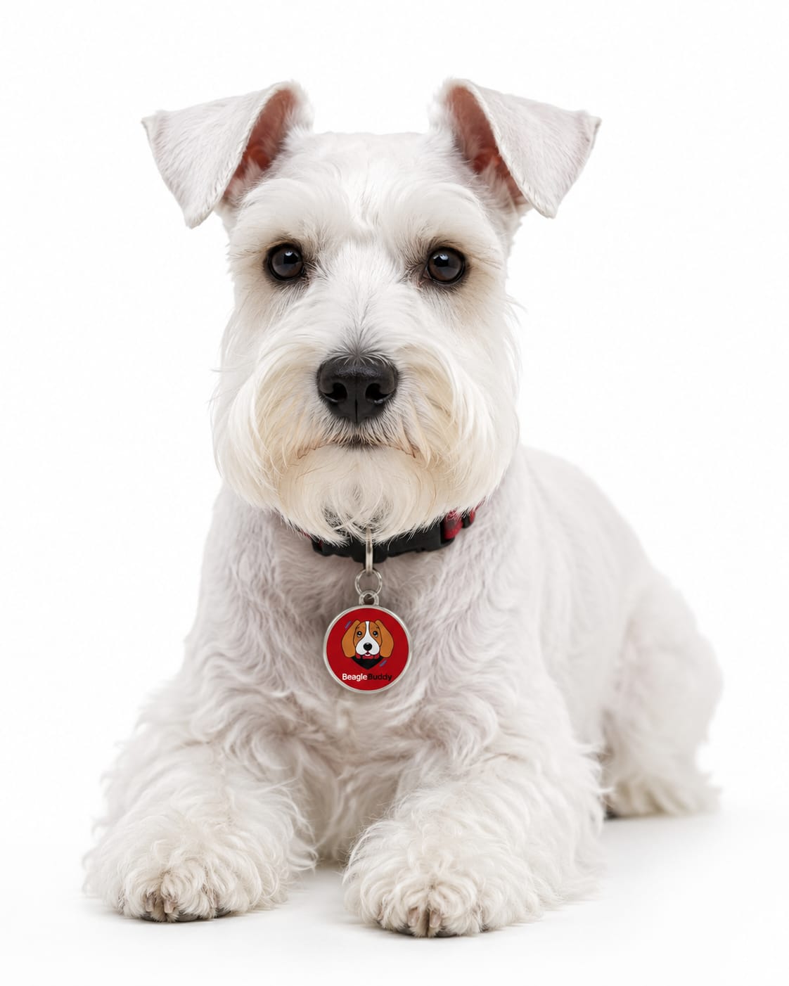 A white dog lying down on a white background, wearing a black collar with a round red tag featuring a dog portrait.