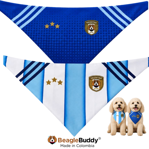 Dog bandana with Argentina flag design and two dogs wearing it on a white background.