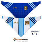 Double-sided bandana with Argentina-themed design, featuring blue, white, and light blue colors, and 'BeagleBuddy' branding.