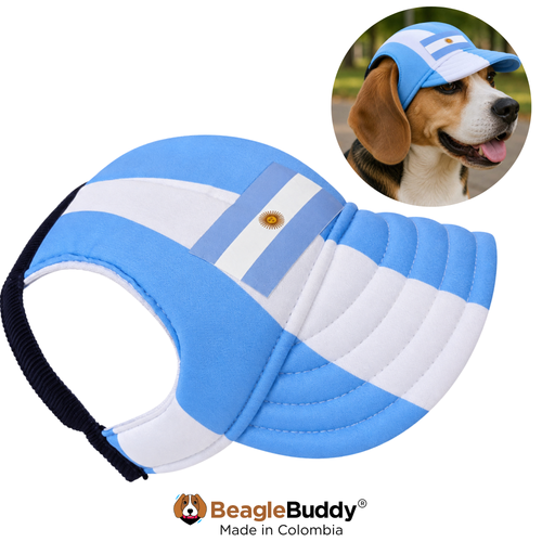 Blue and white dog cap with a small dog wearing it inset on a white background, featuring the BeagleBuddy brand.
