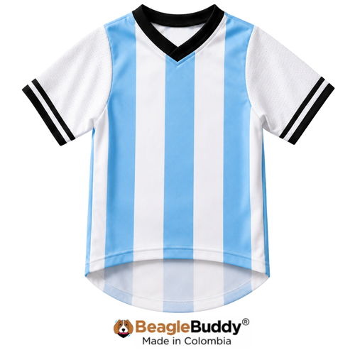 Dog jersey with blue and white stripes on a white background, branded with 'BeagleBuddy'.
