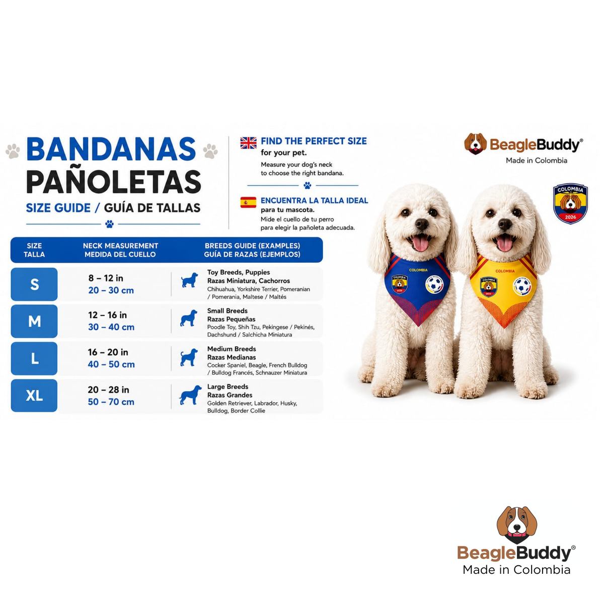 BeagleBuddy bandana size guide with two dogs wearing colorful bandanas on a white background.