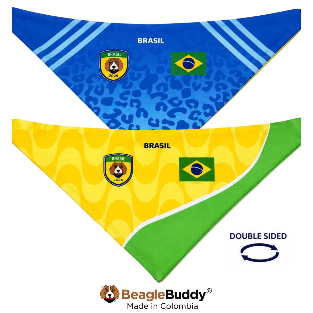 Double-sided bandana with Brazilian flag and 'Brasil' text, featuring BeagleBuddy branding.