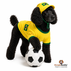 Dog wearing a yellow and green outfit with a soccer ball, BeagleBuddy brand visible