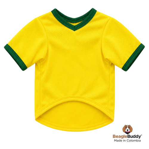 Yellow pet shirt with green trim on a white background, featuring the BeagleBuddy brand.