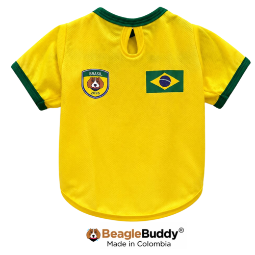 Yellow pet jersey with Brazilian flag design and 'BeagleBuddy' branding on a white background
