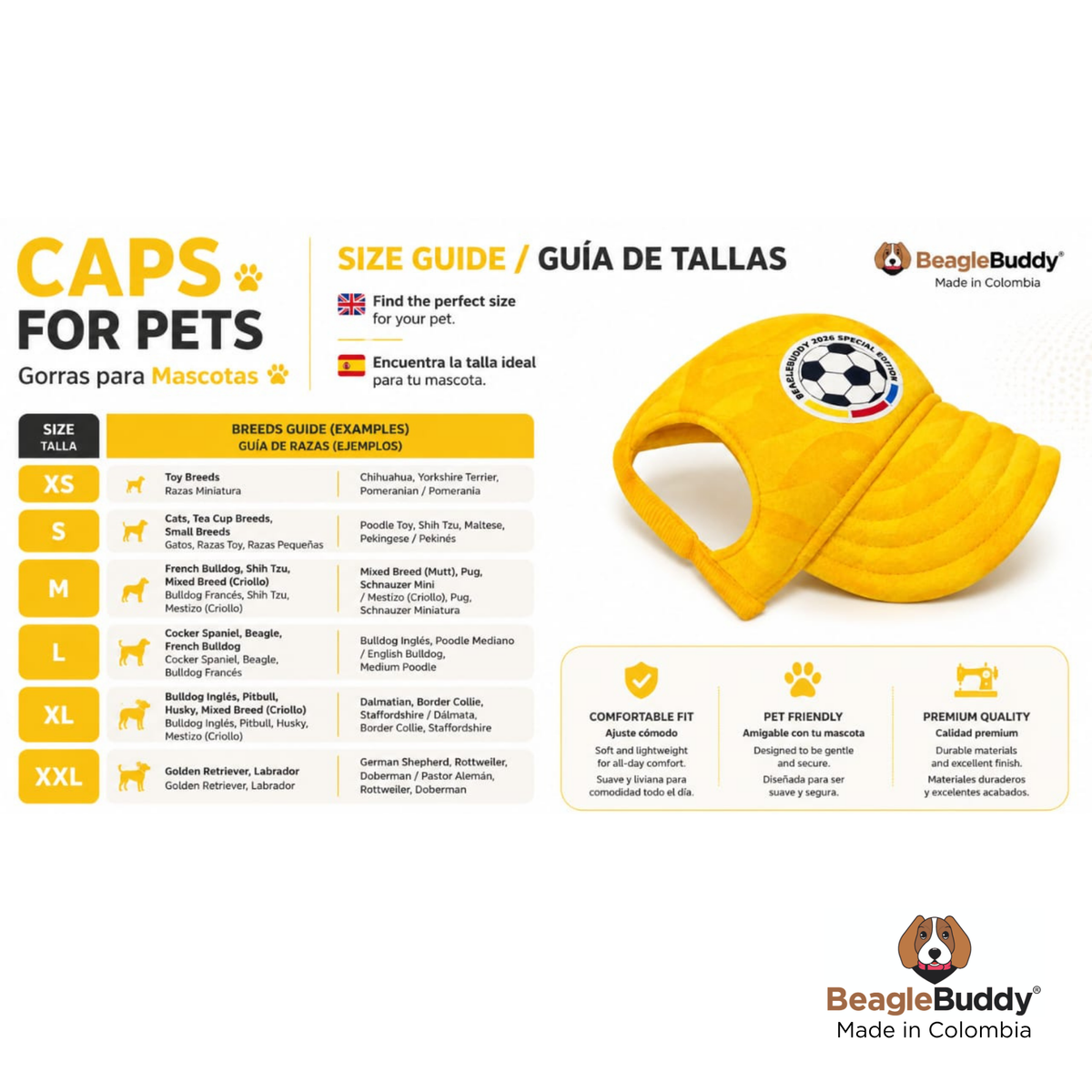 Pet cap size guide with BeagleBuddy branding on a white background