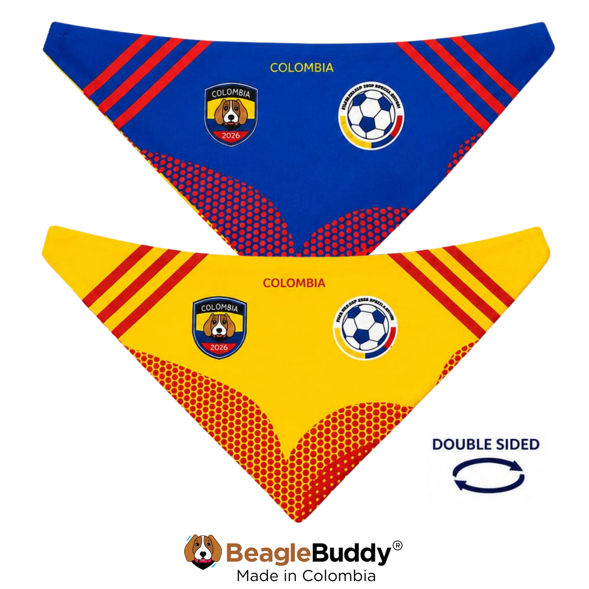 Double-sided dog bandana with Colombia-themed designs on a white background