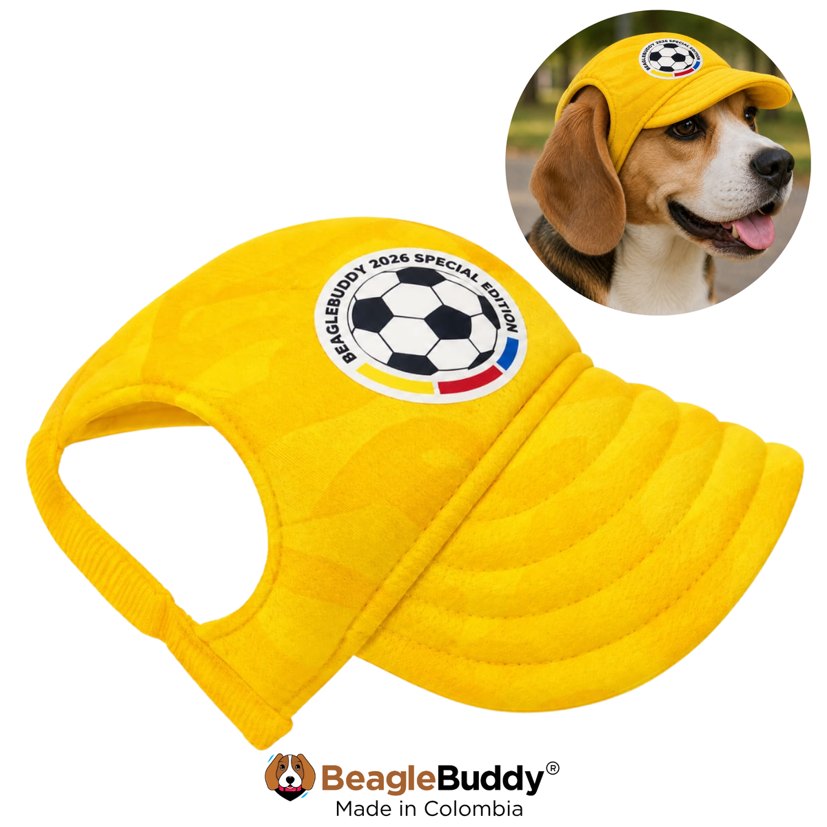 Yellow dog cap with soccer ball design and 'BeagleBuddy' branding, inset photo of a dog wearing the cap.