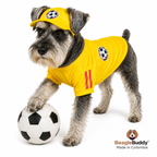 Dog wearing a yellow soccer-themed outfit with a ball, on a white background, featuring the BeagleBuddy brand.