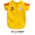 Yellow dog jersey with soccer ball and flag design, branded 'BeagleBuddy'.