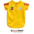 Yellow dog jersey with soccer ball and flag design, branded 'BeagleBuddy'.