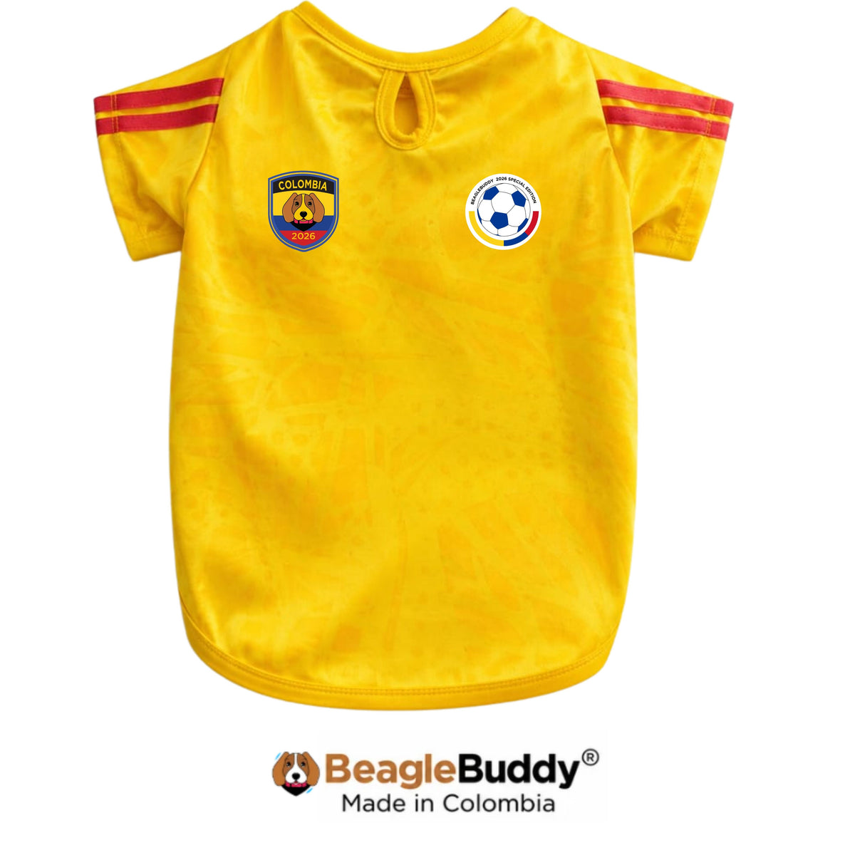 Yellow dog jersey with soccer ball and flag design, branded 'BeagleBuddy'.