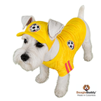 Dog wearing a yellow soccer-themed outfit with a hat and jacket, branded 'BeagleBuddy'.