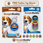BeagleBuddy pet tag packaging with keychain and fashion tag silencer on a white background