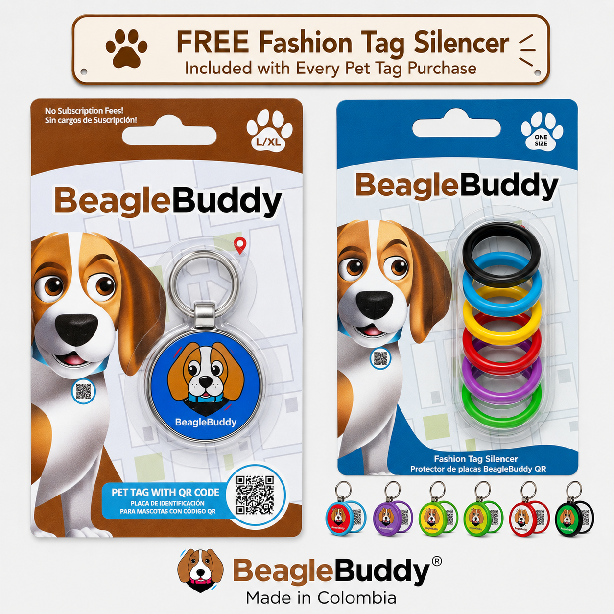 BeagleBuddy pet tag packaging with keychain and fashion tag silencer on a white background