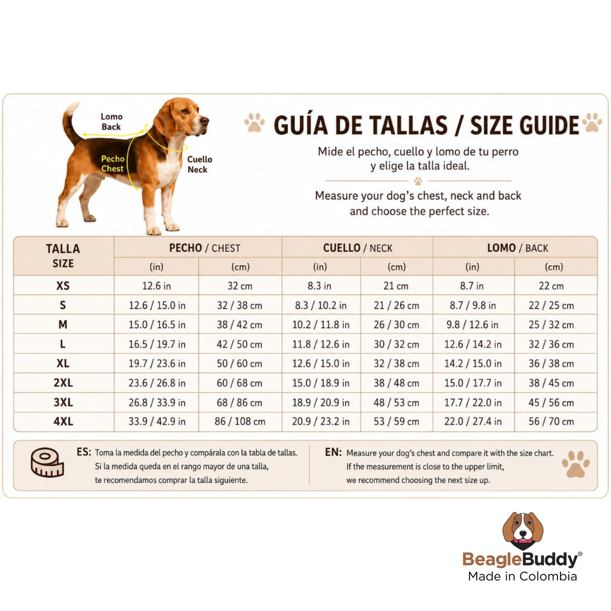 Dog size guide chart with measurements for chest, neck, and back on a white background.