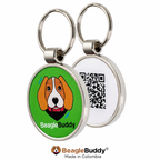 Pet tag with QR Code branded 'BeagleBuddy'.