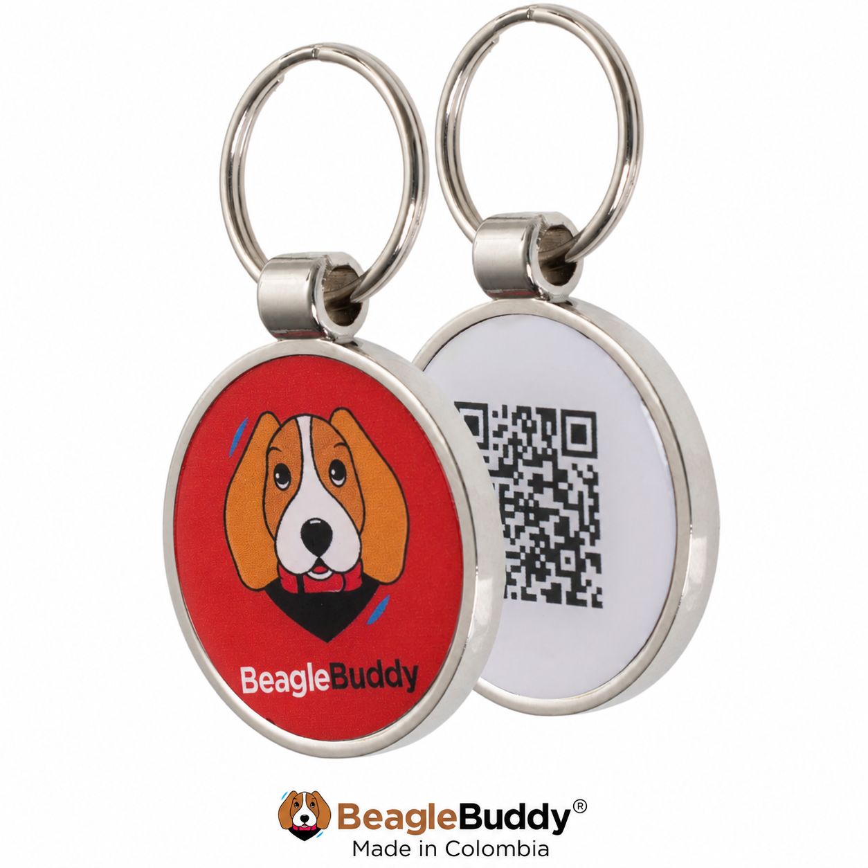 Pet tag with QR Code branded 'BeagleBuddy'.
