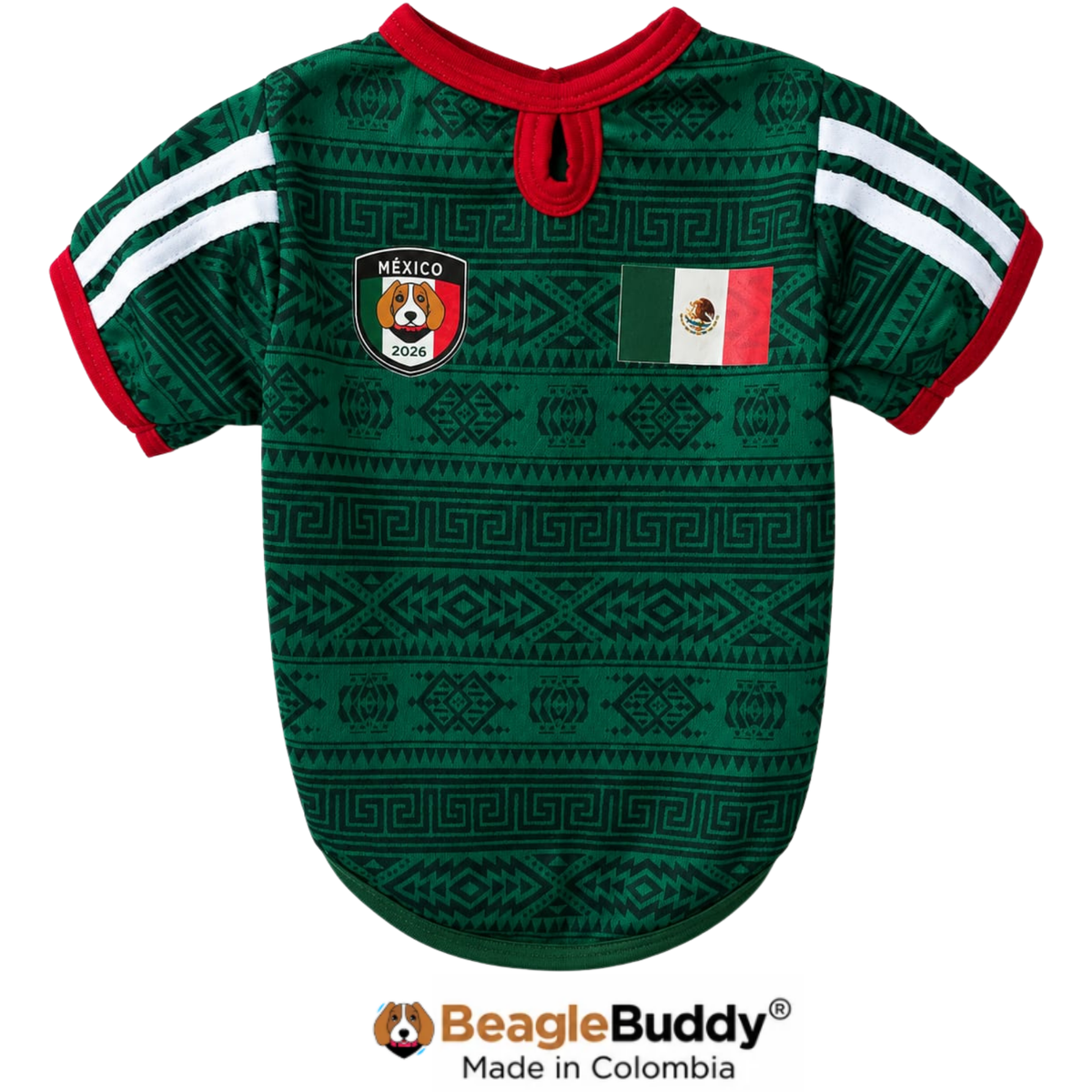 Dog jersey with Mexican design and BeagleBuddy branding on a white background