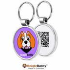 Pet tag with QR Code branded 'BeagleBuddy'.