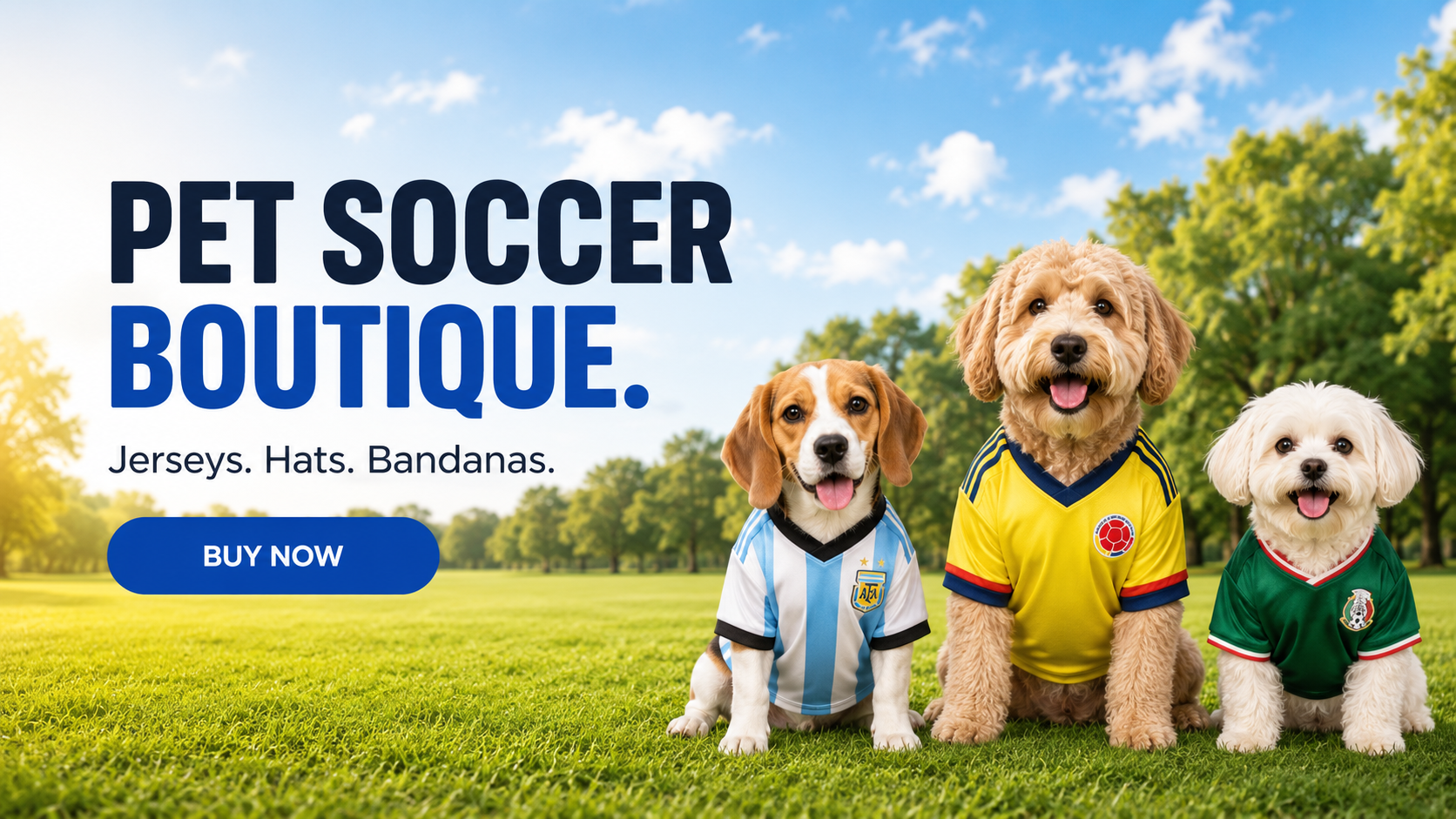 three dogs wearing Argentina, Colombia and mexico soccer jersey in a park promoting BeagleBuddy pet jerseys, hats and bandanas for dogs