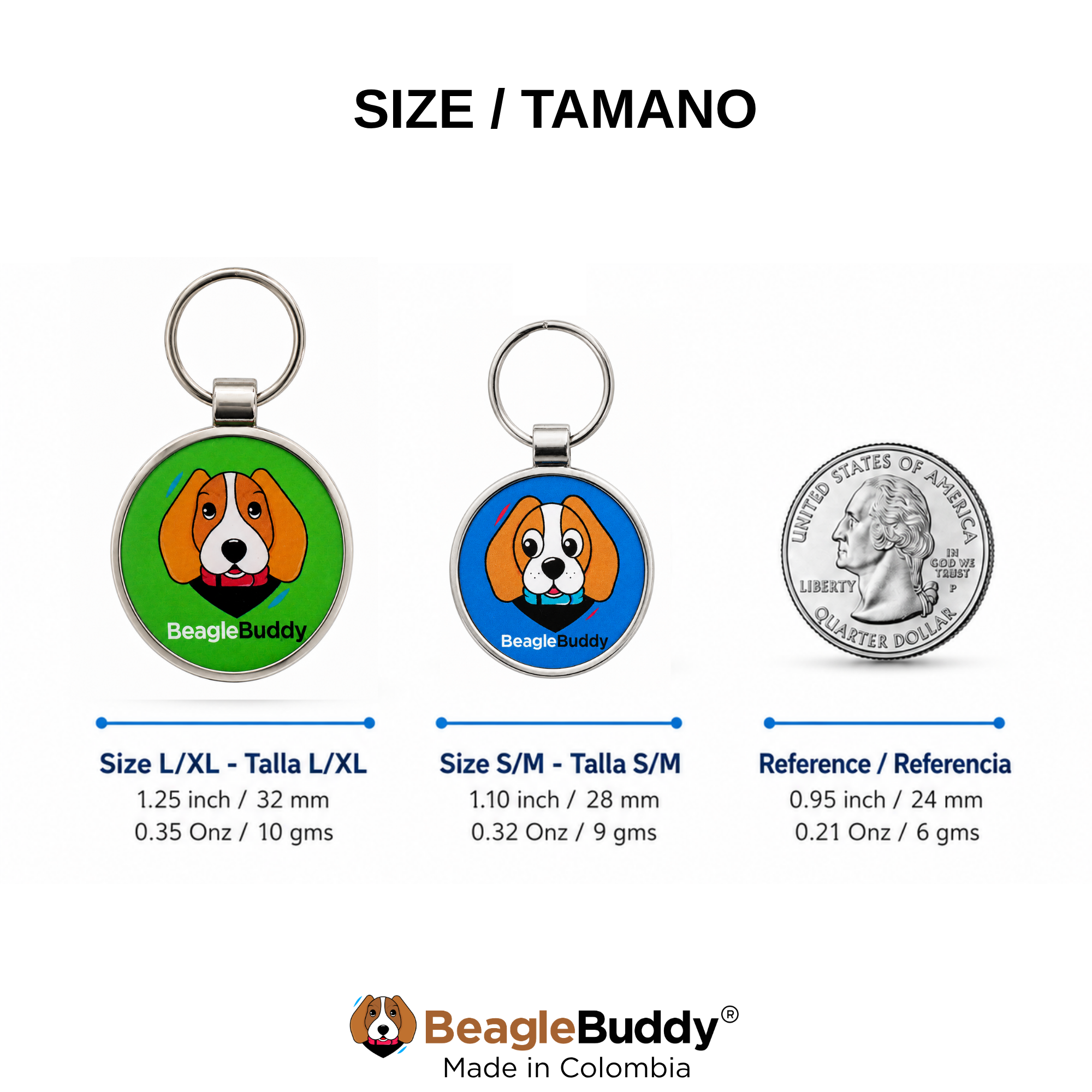 BeagleBuddy dog tag size chart with two keychains and a quarter for reference.