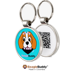 Pet tag with QR Code branded 'BeagleBuddy'.