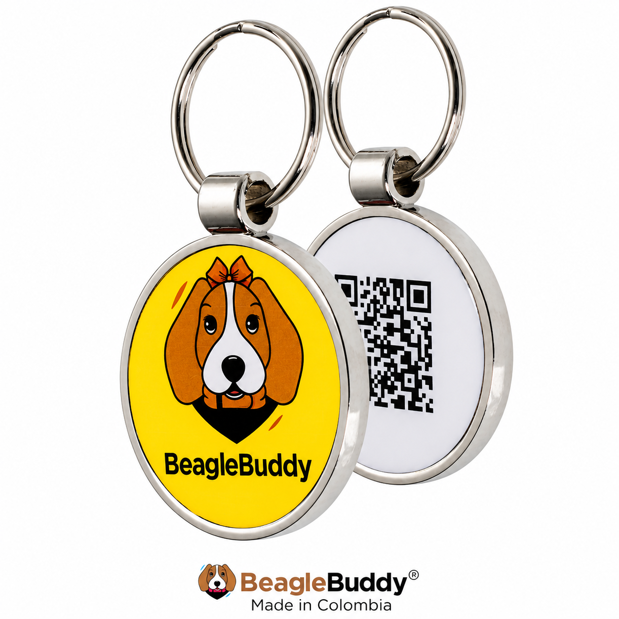 Pet tag with QR Code branded 'BeagleBuddy'.