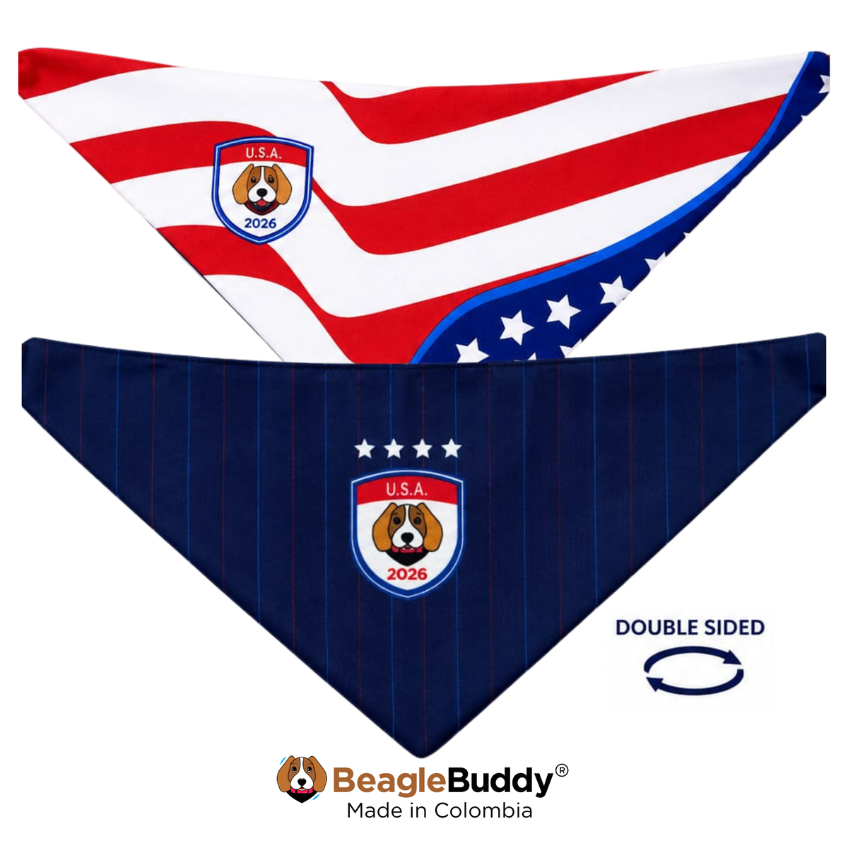 Double-sided dog bandana with American flag design and BeagleBuddy branding.