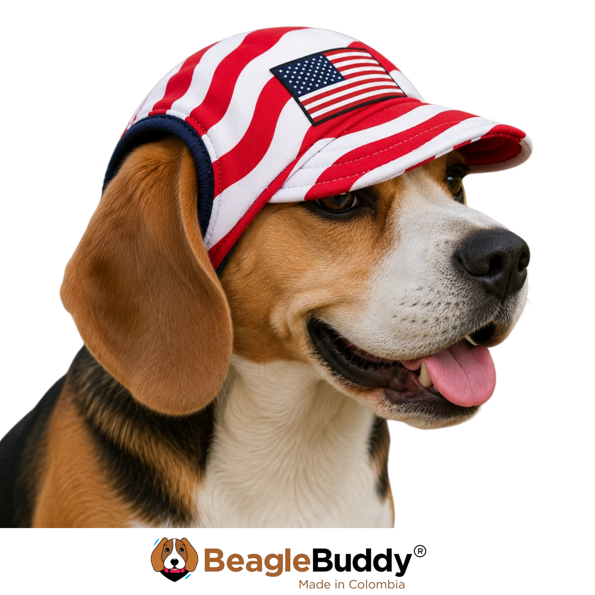 Dog wearing a red, white, and blue cap with an American flag, branded 'BeagleBuddy'.