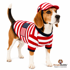 Dog wearing a red, white, and blue outfit with an American flag design on a white background.