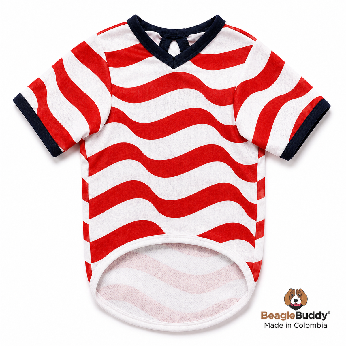 Red and white striped pet shirt with navy trim on a white background, featuring the BeagleBuddy brand.