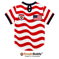 Red and white striped pet shirt with USA logo and American flag, branded 'BeagleBuddy'.