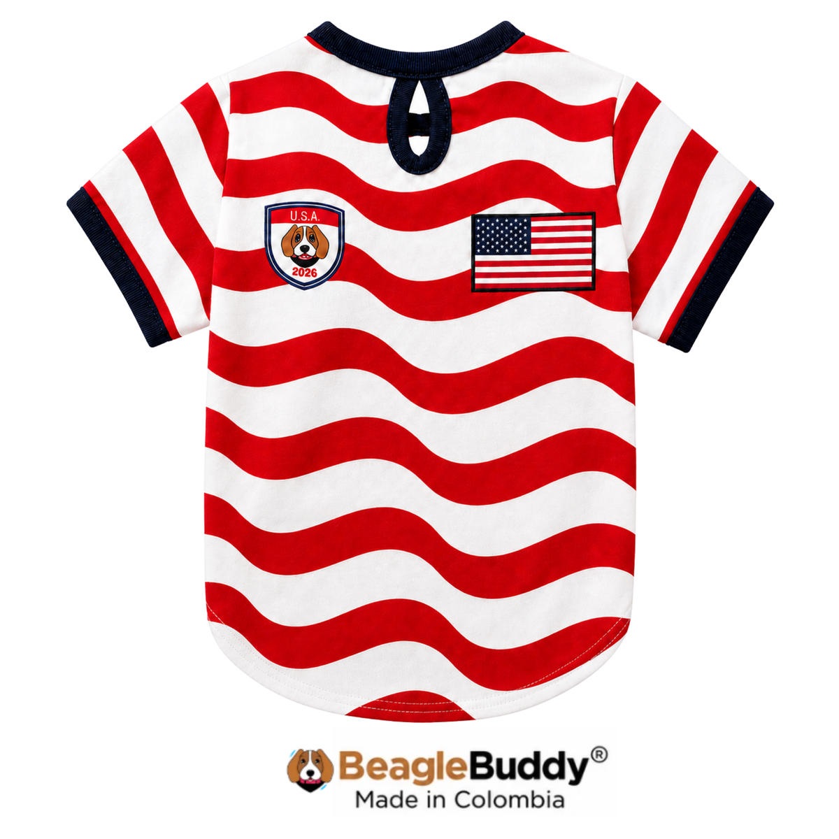 Red and white striped pet shirt with USA logo and American flag, branded 'BeagleBuddy'.